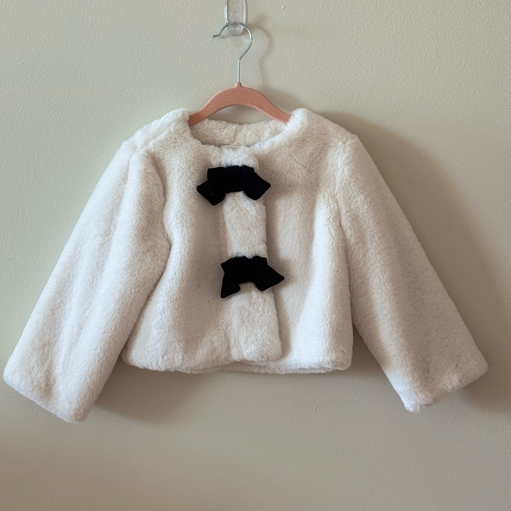Janie and Jack Cream Faux Fur Pea Coat with Black Bow Accents